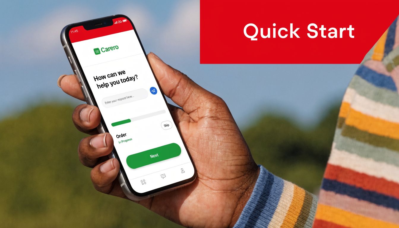 Eine Hand hält ein Smartphone mit der Carero-App, die eine Benutzeroberfläche zur Auftragsverwaltung und Unterstützung anzeigt.