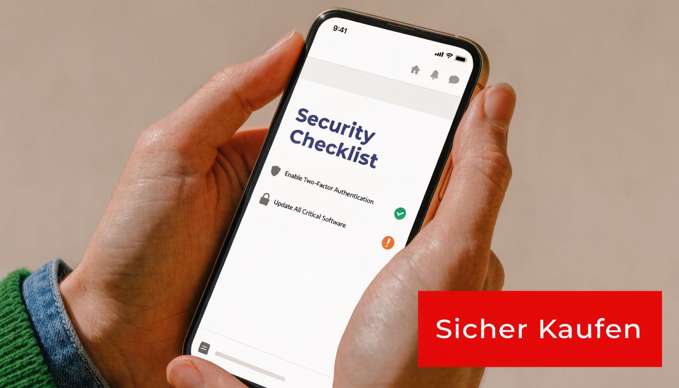 Ein Smartphone in der Hand, das eine digitale Sicherheits-Checkliste mit wichtigen Sicherheitseinstellungen für Online-Einkäufe anzeigt.