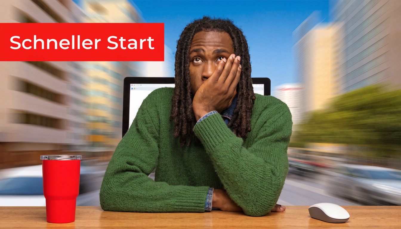 Ein nachdenklicher junger Mann mit Dreadlocks sitzt vor einem Computer und überlegt bei der Arbeit.