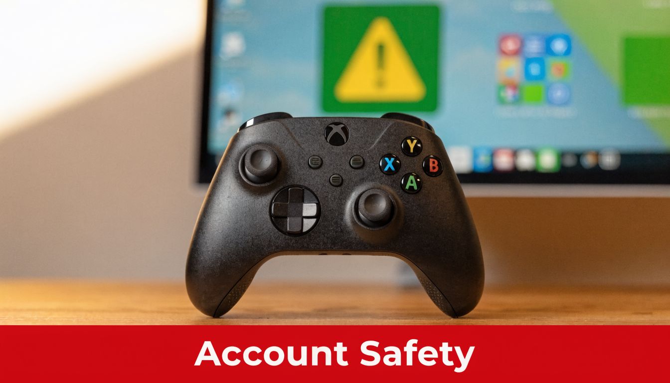 Ein schwarzer Xbox-Controller steht vor einem Monitor, der eine Warnmeldung zur Kontosicherheit anzeigt.