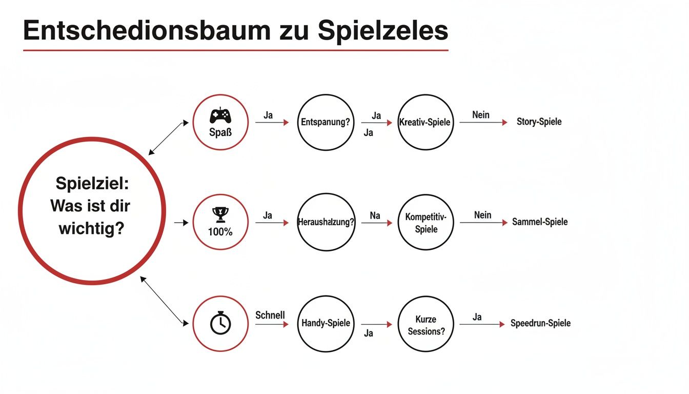 Entscheidungsbaum für Spielziele, der verschiedene Spielertypen und Spielkategorien basierend auf Präferenzen wie Spaß, Herausforderung und kurze Sessions aufzeigt.