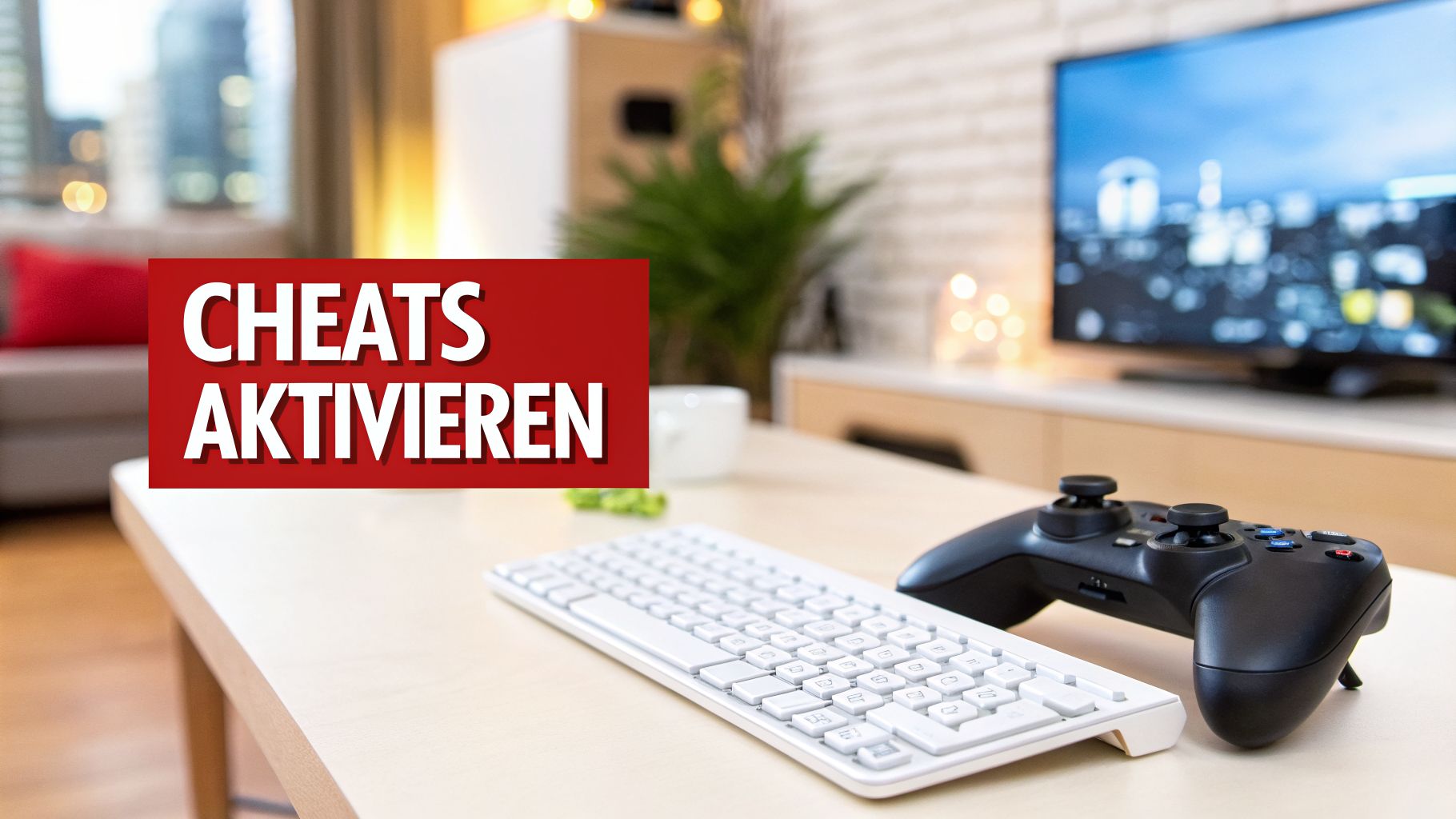 Gaming-Setup mit Gamecontroller, Tastatur und Fernseher, im Vordergrund ein Schild mit der Aufschrift "CHEATS AKTIVIEREN".