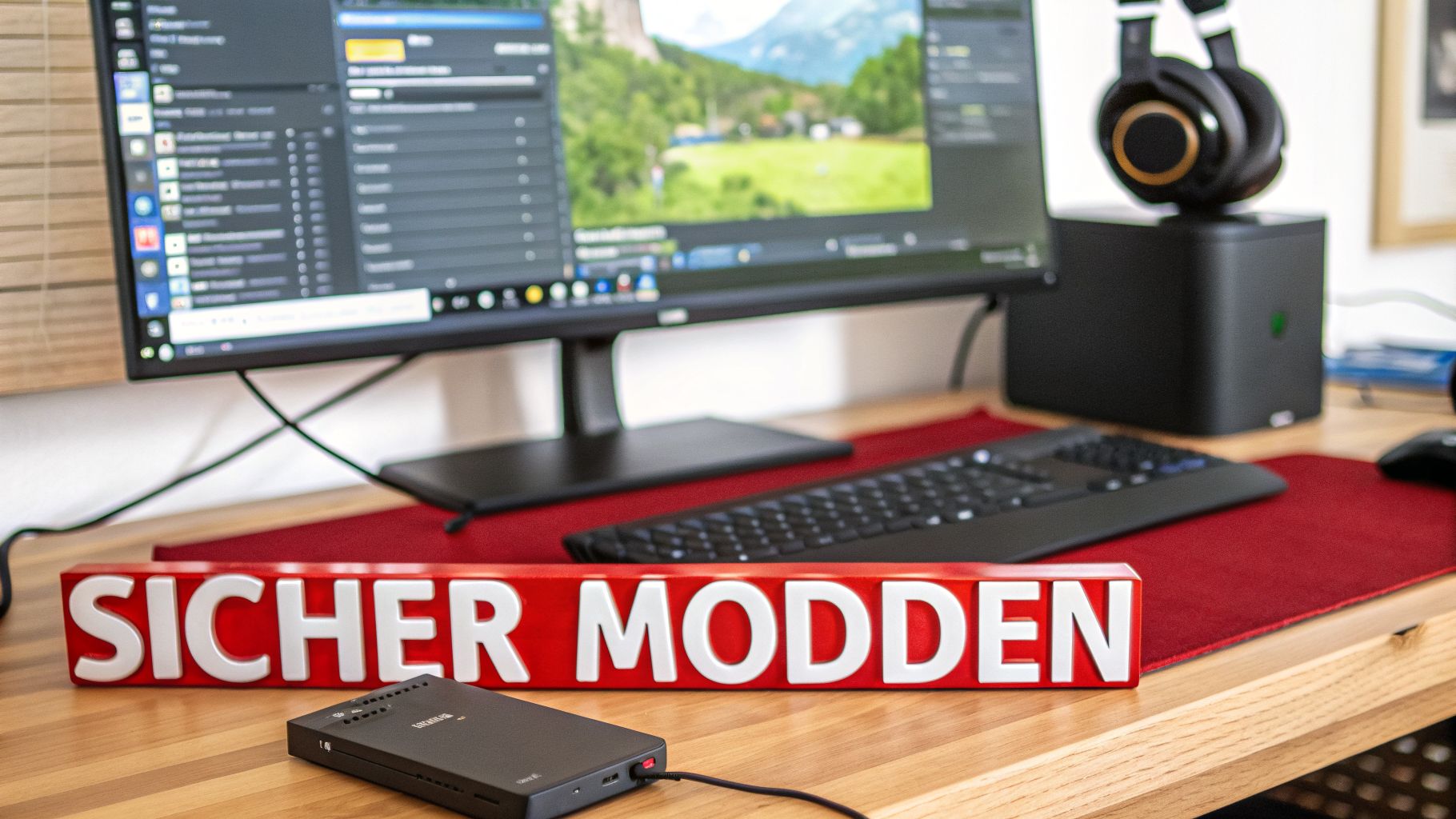 Ein Schreibtisch mit Monitor, Tastatur, Kopfhörern, externer Festplatte und einem roten Schild mit der Aufschrift "SICHER MODDEN".