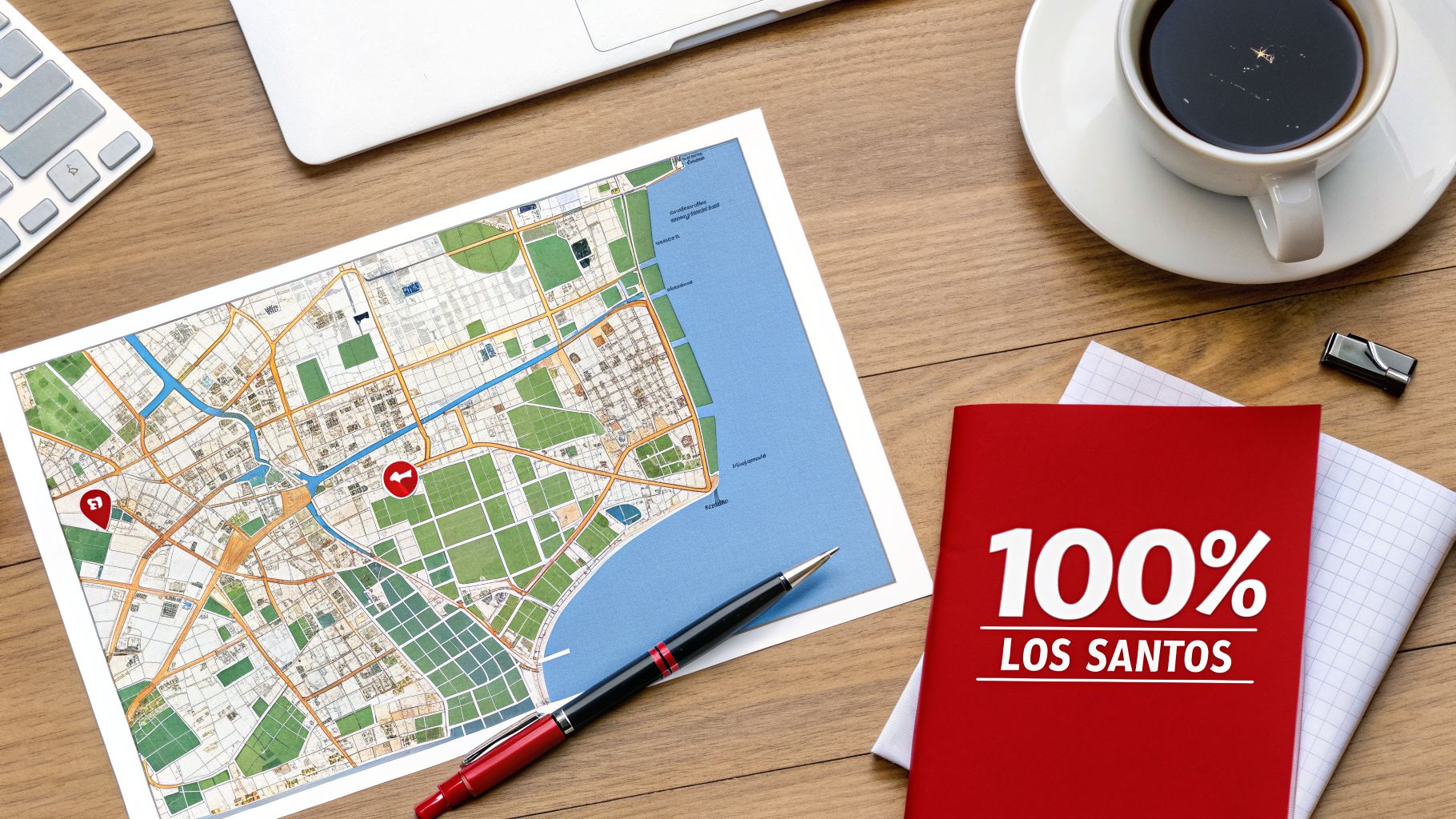 Schreibtisch-Flatlay mit einer Karte von Los Santos, einem Notizbuch, Stift, Laptop und Kaffee.