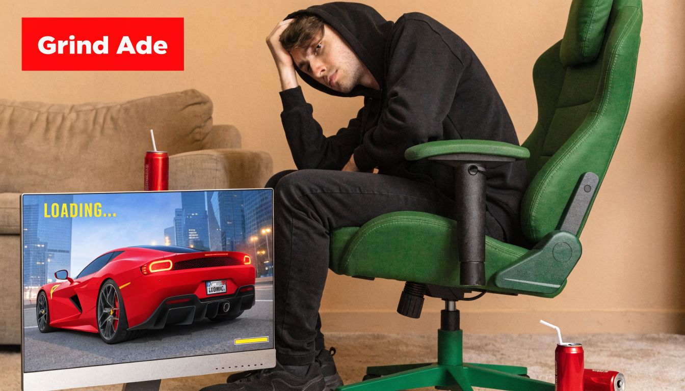 Ein frustrierter junger Mann mit Kapuzenpullover sitzt auf einem grünen Gaming-Stuhl vor einem Ladebildschirm mit einem Sportwagen.