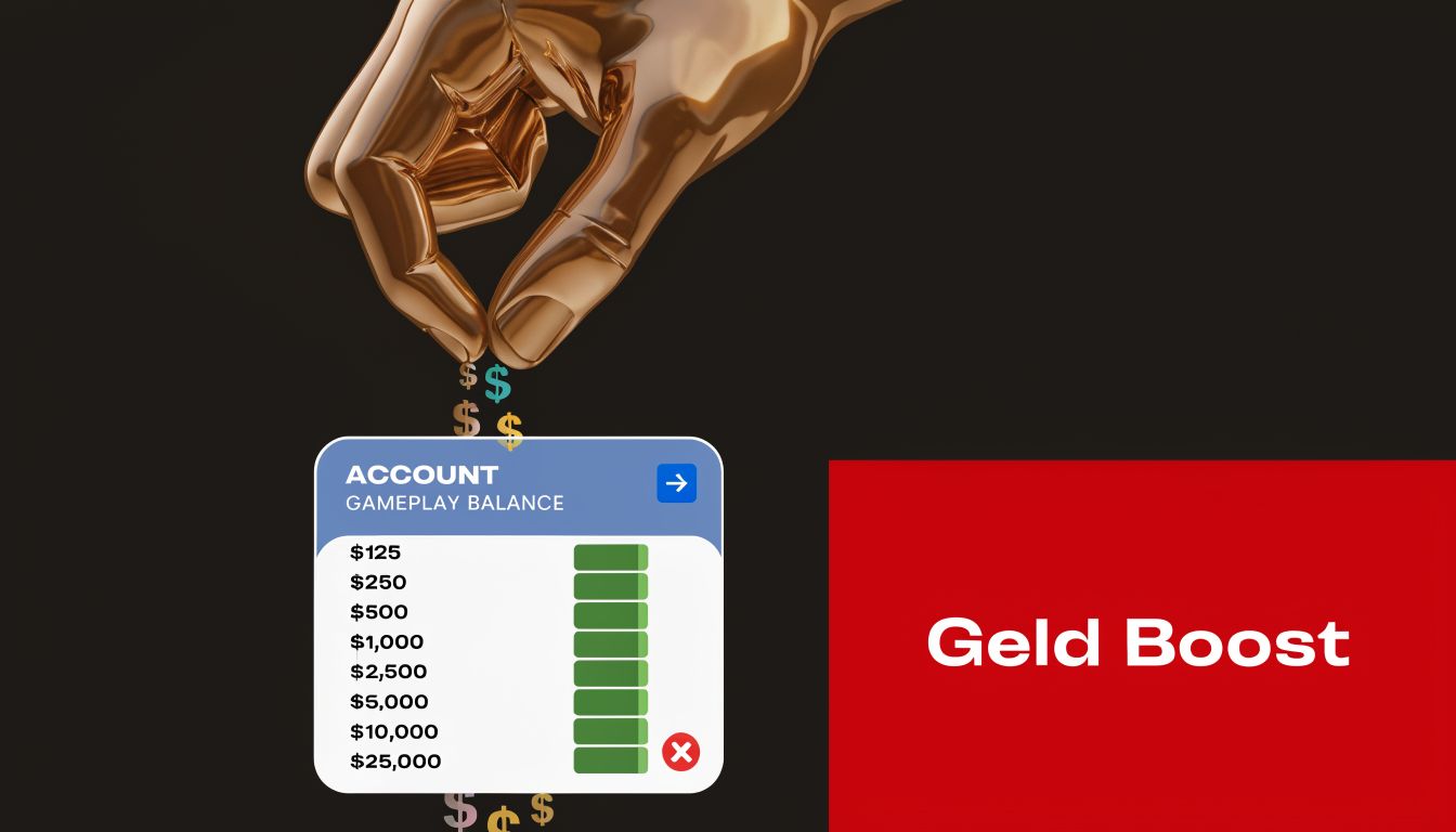 Eine goldene Hand lässt Geldsymbole in ein Menü für einen In-Game Geld-Boost für Videospiele fallen.
