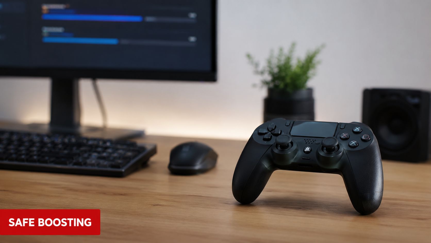 Ein schwarzer Videospiel-Controller steht auf einem hölzernen Schreibtisch vor einem Computerbildschirm mit unscharfem Hintergrund.