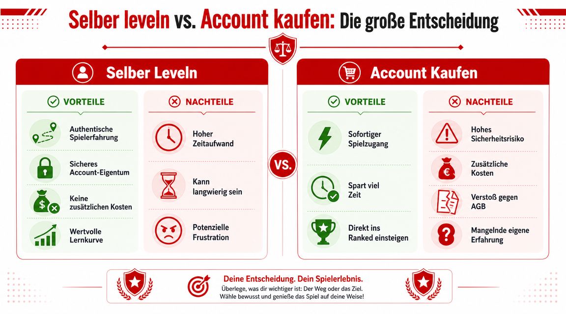 Vergleichsgrafik zwischen dem eigenen Leveln eines Spiel-Accounts und dem Kauf eines fertigen Accounts mit Vor- und Nachteilen.