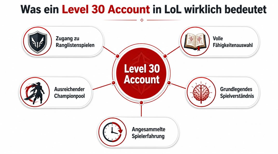 Grafische Übersicht der Vorteile und Voraussetzungen eines League of Legends Accounts auf Level 30.