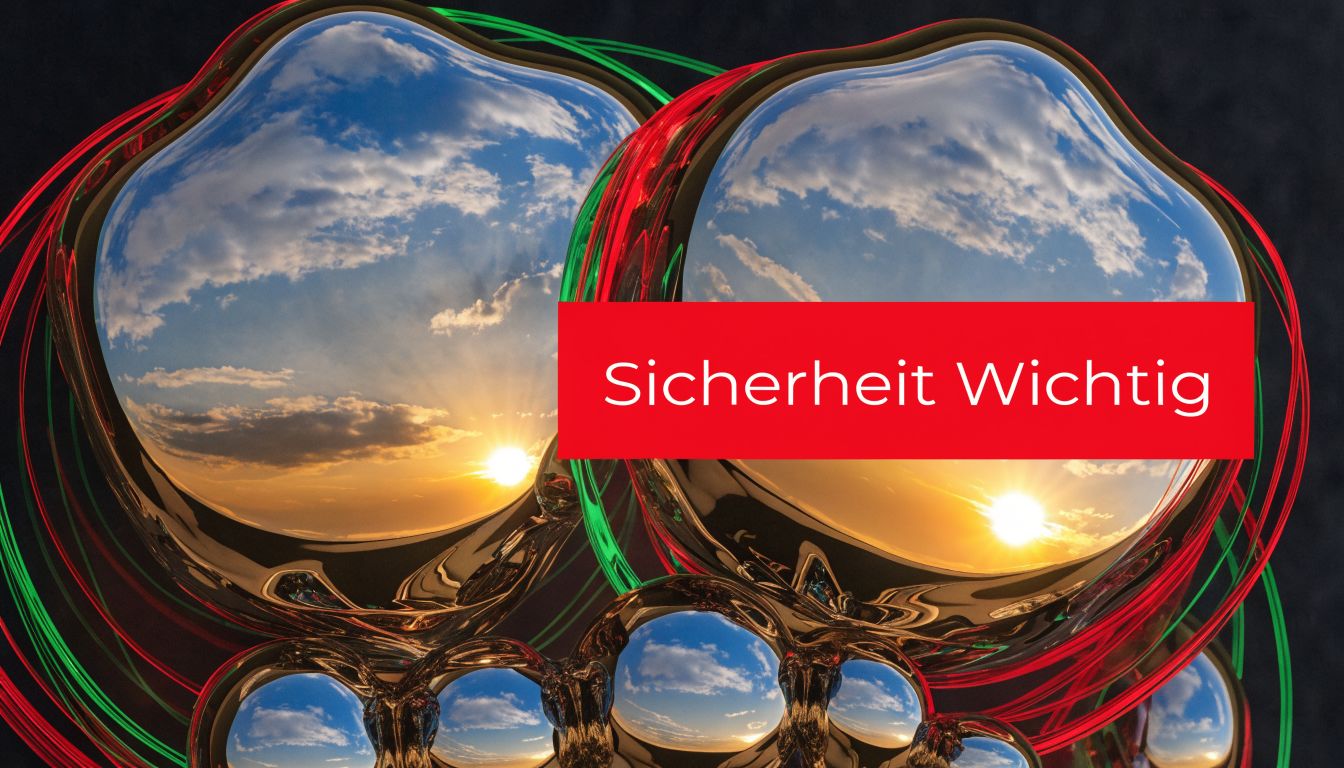 Abstrakte goldene, spiegelnde Kugeln mit einer Reflexion von Sonnenuntergang am Himmel und einem roten Sicherheitsbanner.