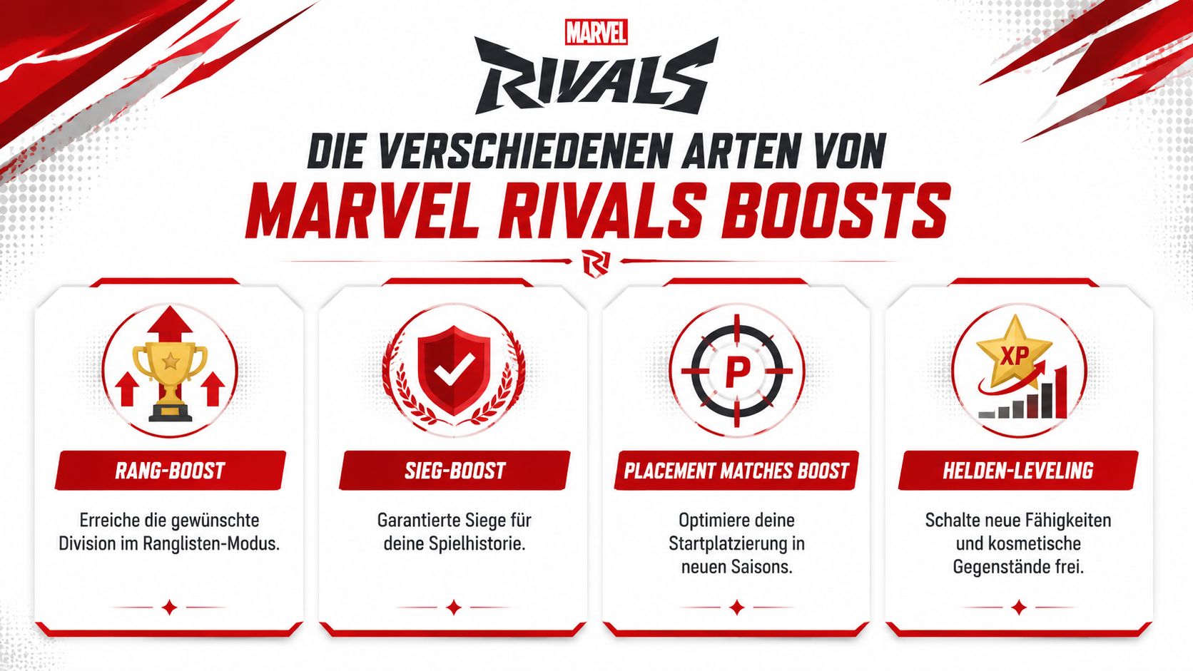 Eine Übersicht der verschiedenen verfügbaren Boost-Dienste für das Videospiel Marvel Rivals mit Symbolen und Beschreibungen.