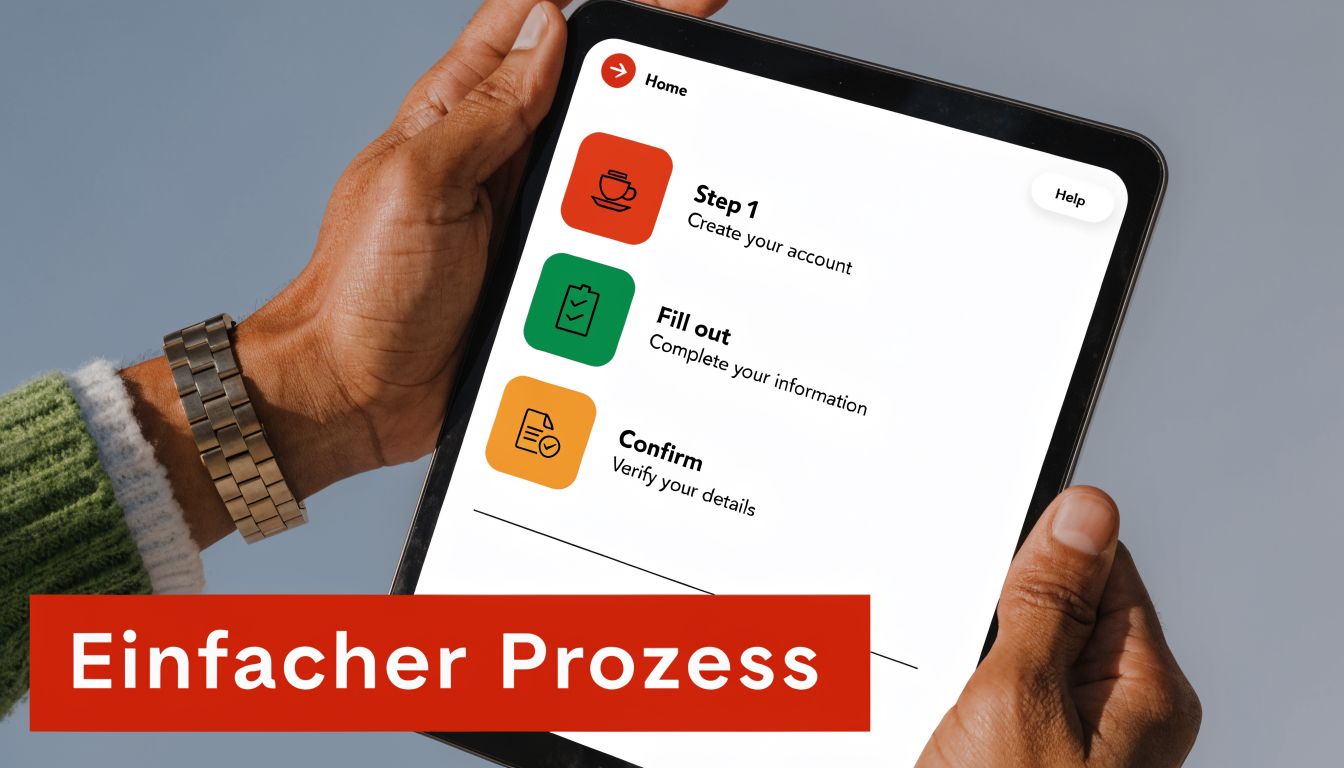 Eine Person hält ein Tablet in der Hand, auf dessen Bildschirm ein einfacher dreistufiger Prozess angezeigt wird.