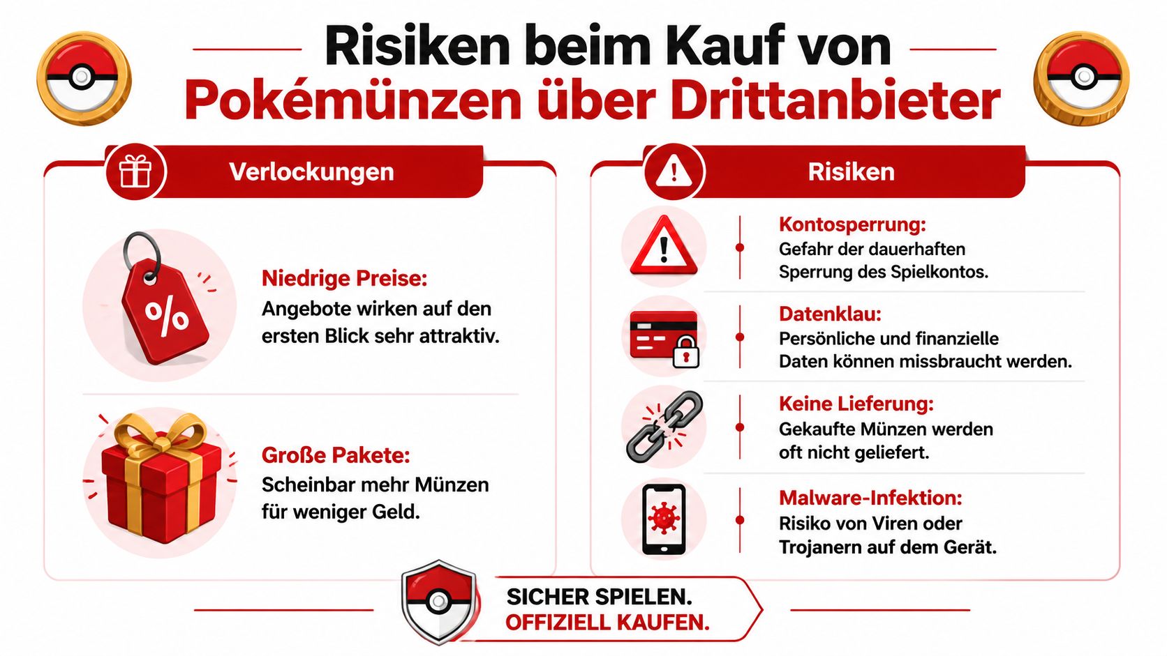 Infografik über die Risiken beim Kauf von Pokémon-Münzen bei Drittanbietern und die Verlockungen niedriger Preise.