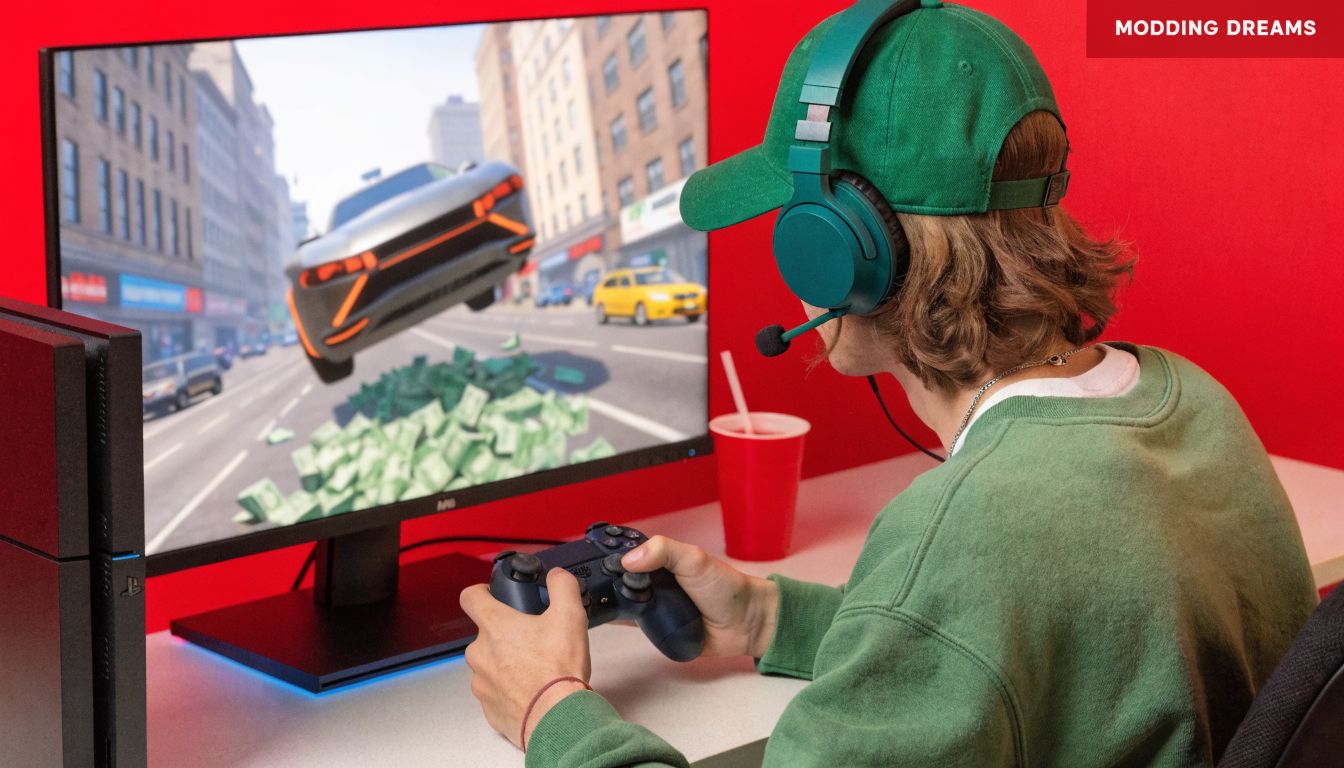Ein junger Gamer mit Kopfhörern spielt ein Autospiel auf einer PlayStation 4 vor einem großen Monitor.