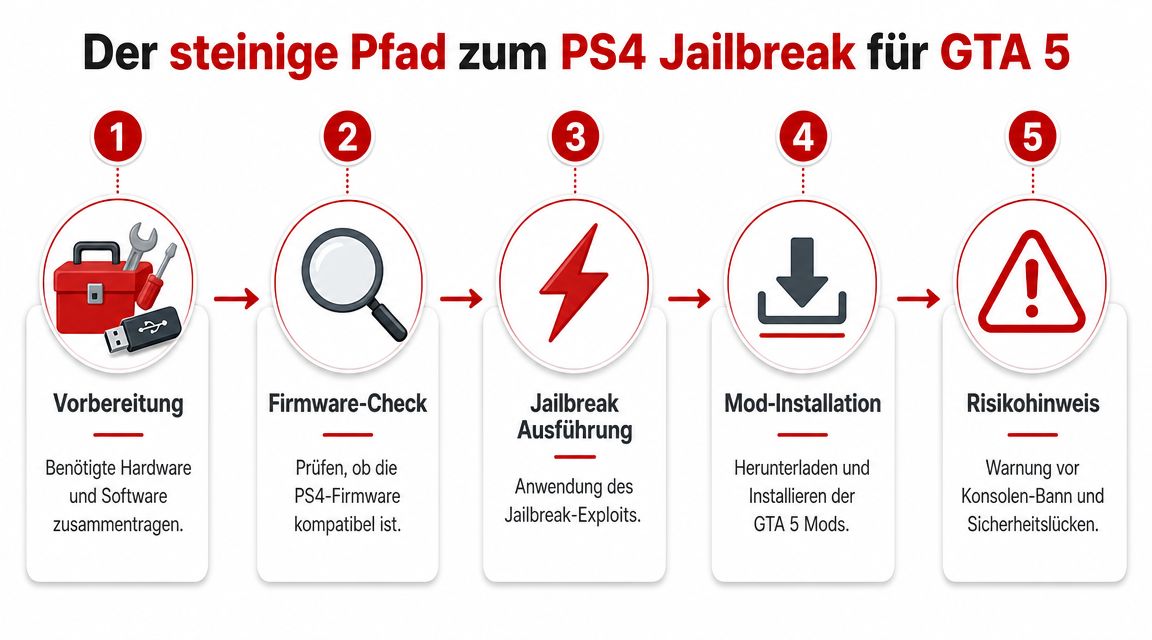 Eine Infografik mit fünf Schritten, die den Prozess des Jailbreakings einer PS4 für GTA 5 Mods erklärt.