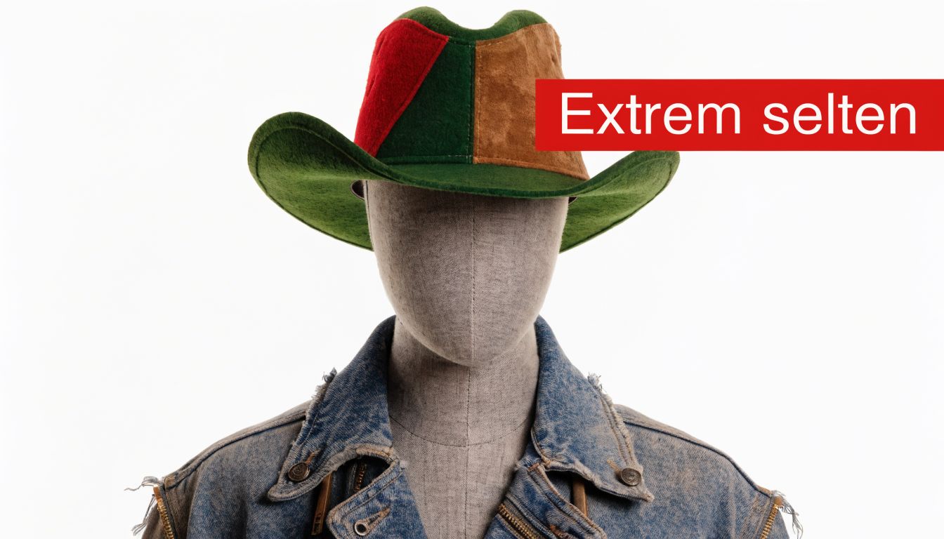 Ein farbenfroher Hut im Cowboy-Stil auf einer Schaufensterpuppe, präsentiert mit dem deutschen Text Extrem selten.