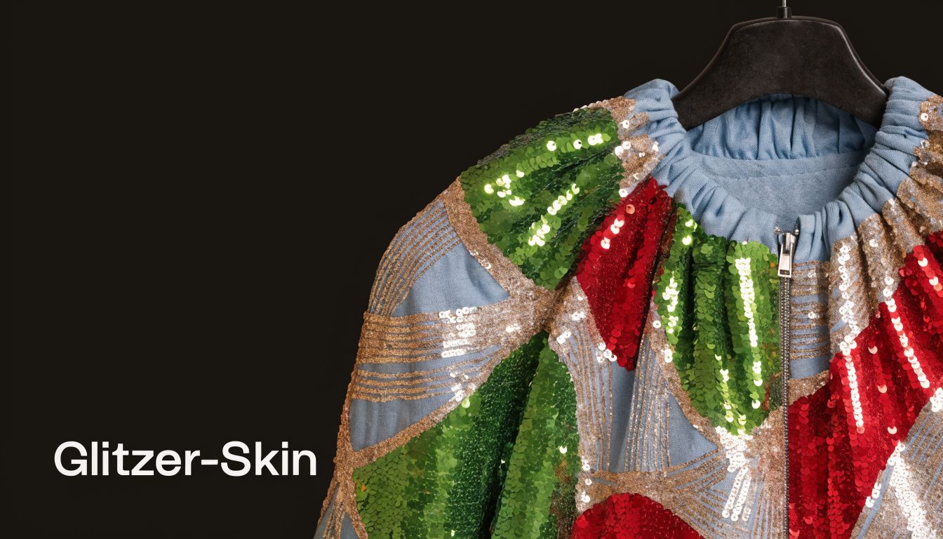 Eine modische Jacke verziert mit glitzernden Pailletten in den Farben Grün, Rot und Gold vor dunklem Hintergrund.