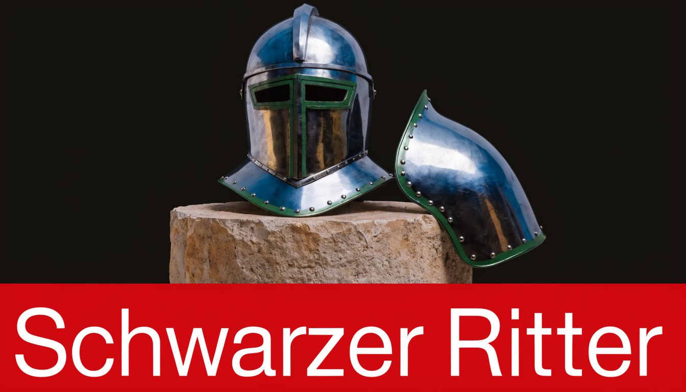 Ein glänzender mittelalterlicher Ritterhelm aus Metall mit grünen Akzenten steht auf einem steinernen Podest.