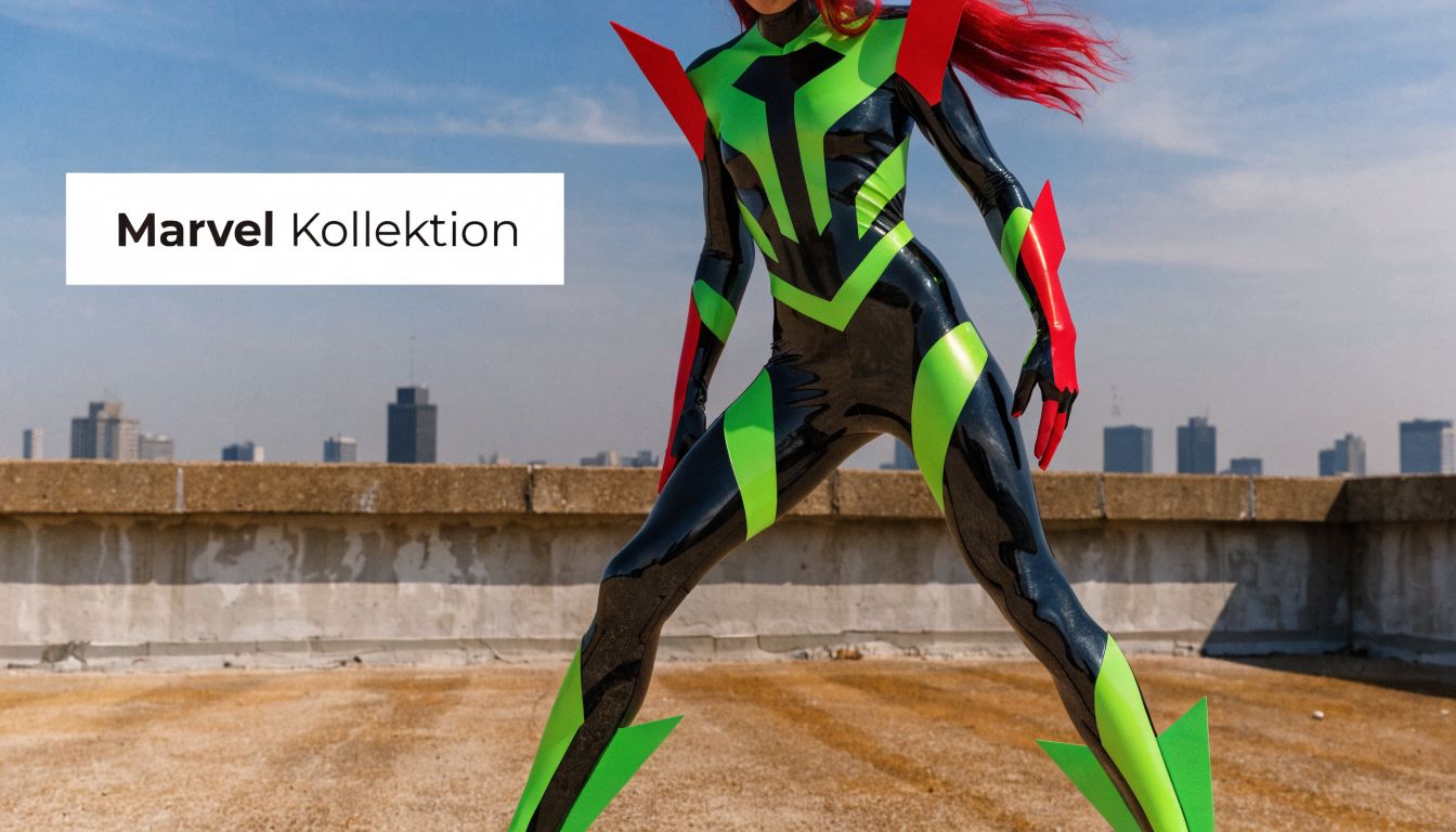 Eine Person trägt ein hautenges, schwarz-grünes Superhelden-Kostüm auf einem Dach mit einer Stadtkulisse im Hintergrund.